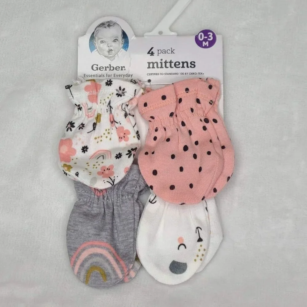 Gerber 4 Pack Baby Girl Mittens 0-3 Months New With Tags